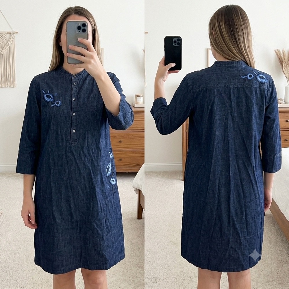 Lauren Ralph Lauren 10/12 Denim Chambray Floral Embroidered Shift Shirt Dress‎